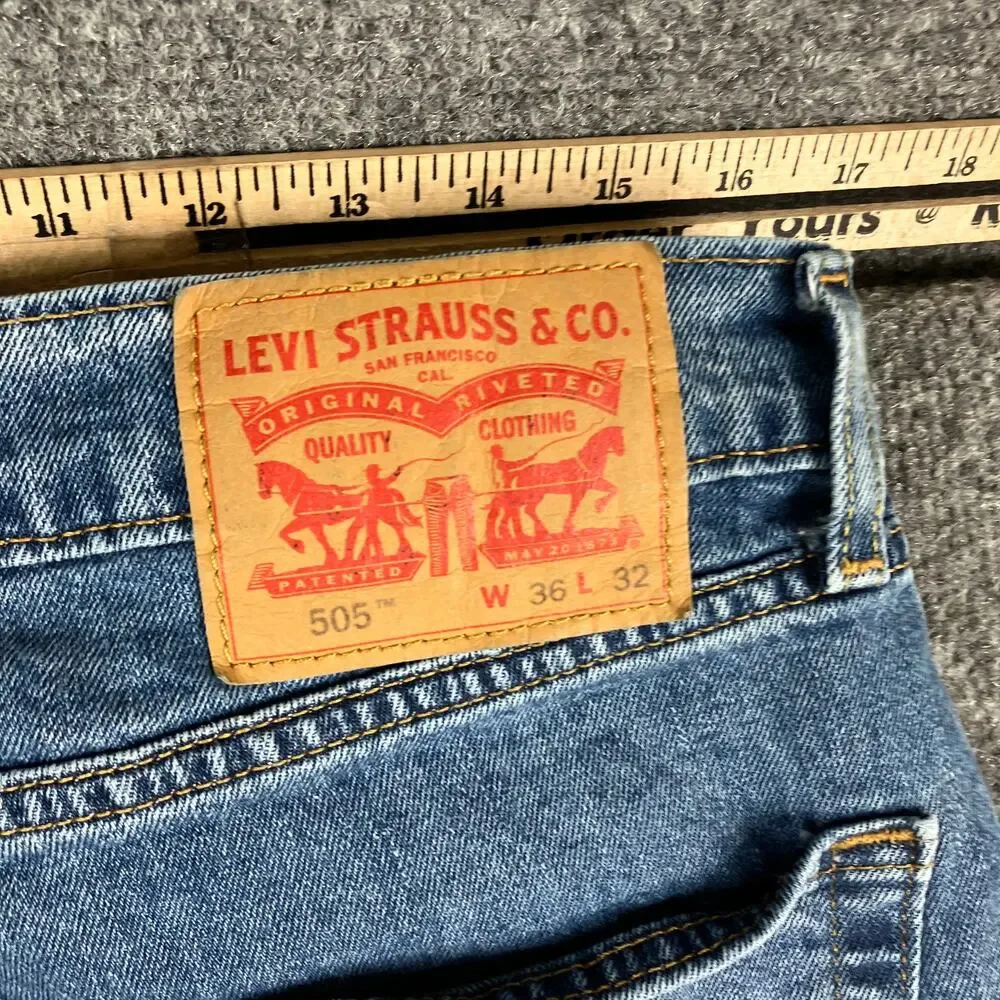 Levi's 505 Jeans Mens 36x32 Blue‎ Straight Fit Stretch Distressed Workwear Worn